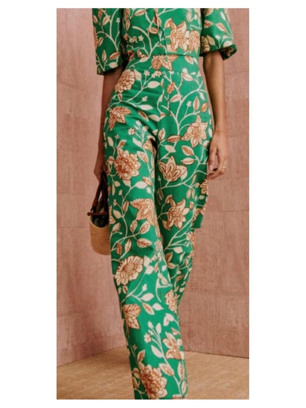 Sezane Baptisto Teal Cream Floral Linen Cotton Wide Leg Pant 6 - Picture 5 of 16